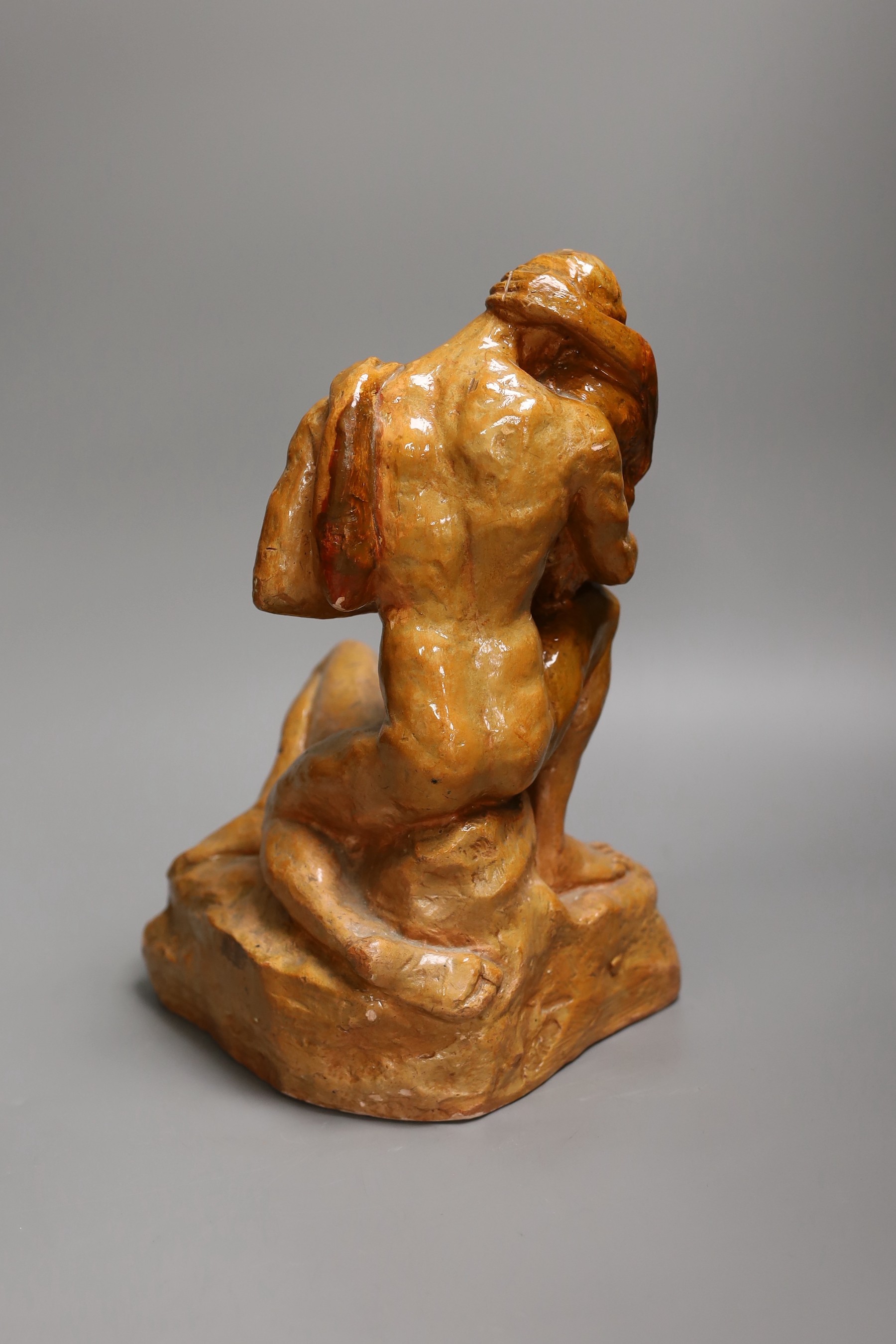 A Klement Lorenc (1911-1983) glazed terracotta group of embracing lovers, signed, 30cm tall